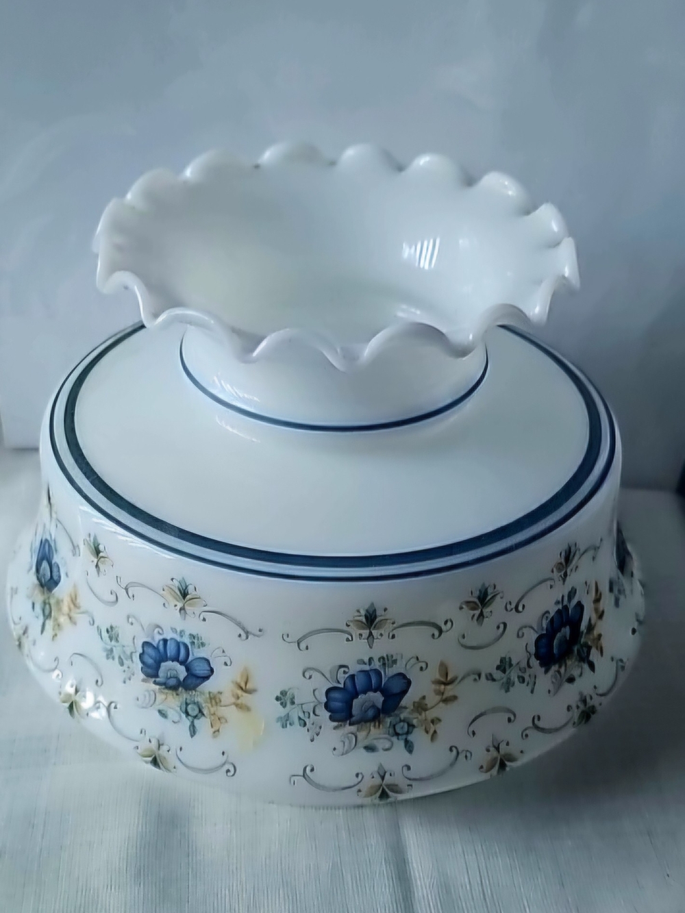 VTG White Milk Glass Hurricane Lamp Shade/ Centerpiece Bowl Blue Floral Accent